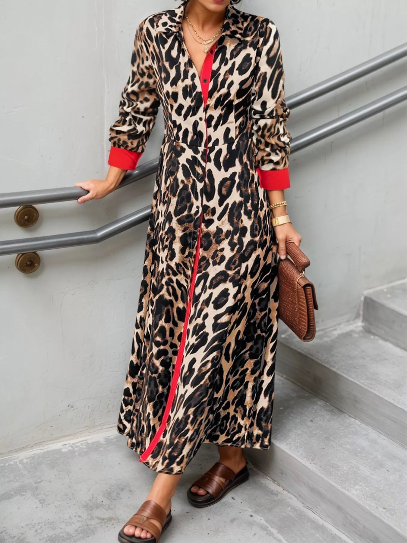 Leopard Print Long Sleeve Shirt Dress with Contrast Trim OutfitFlow