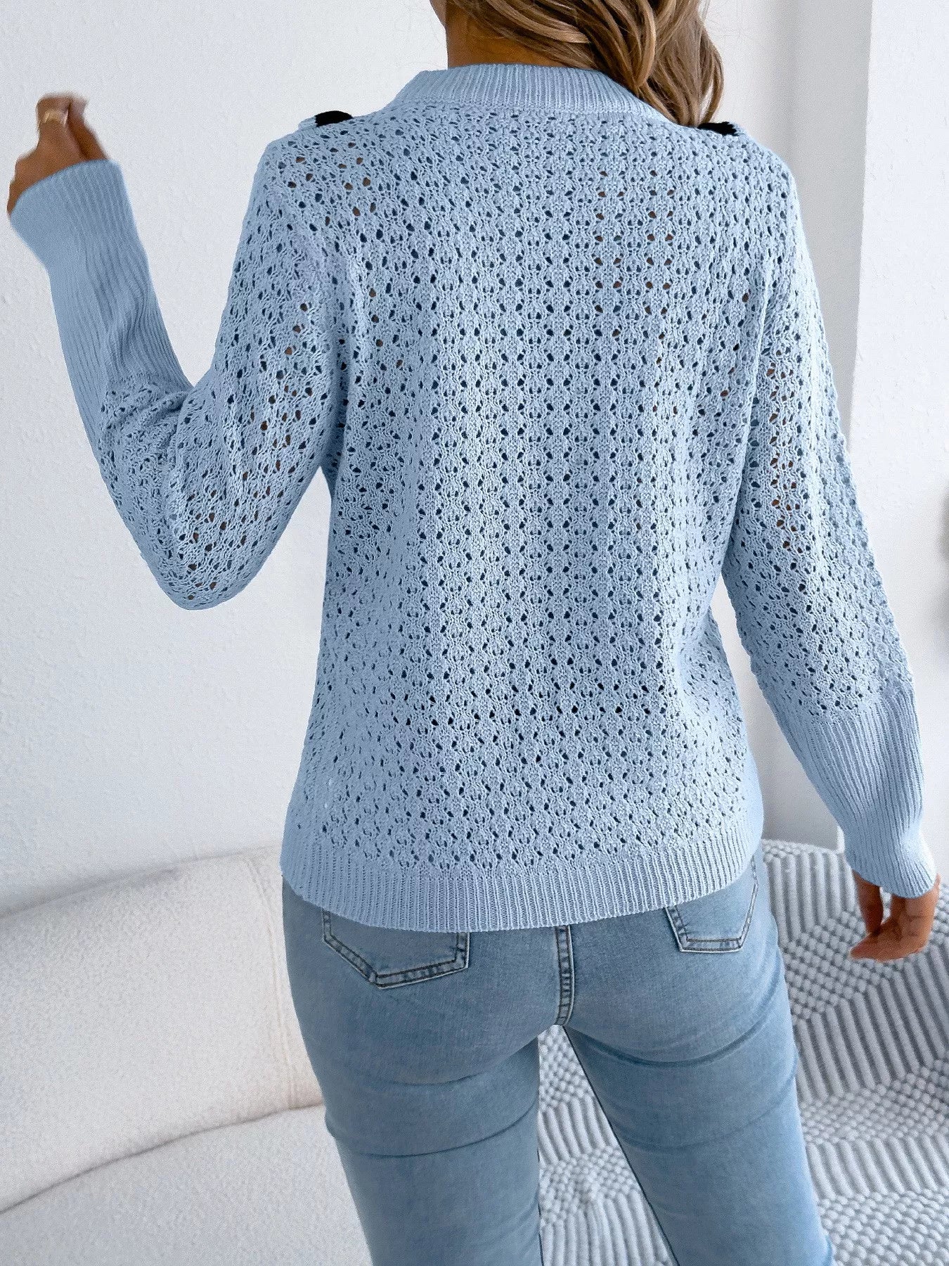 Hollow-Out Knit Top with Contrast Trim OutfitFlow