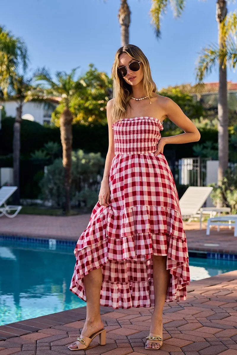 BiBi Smocked Body Off Shoulder Check Dress RED IVORY OutfitFlow