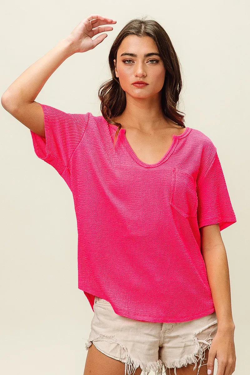 BiBi Waved Rib U Neck Top With Front Pocket OutfitFlow