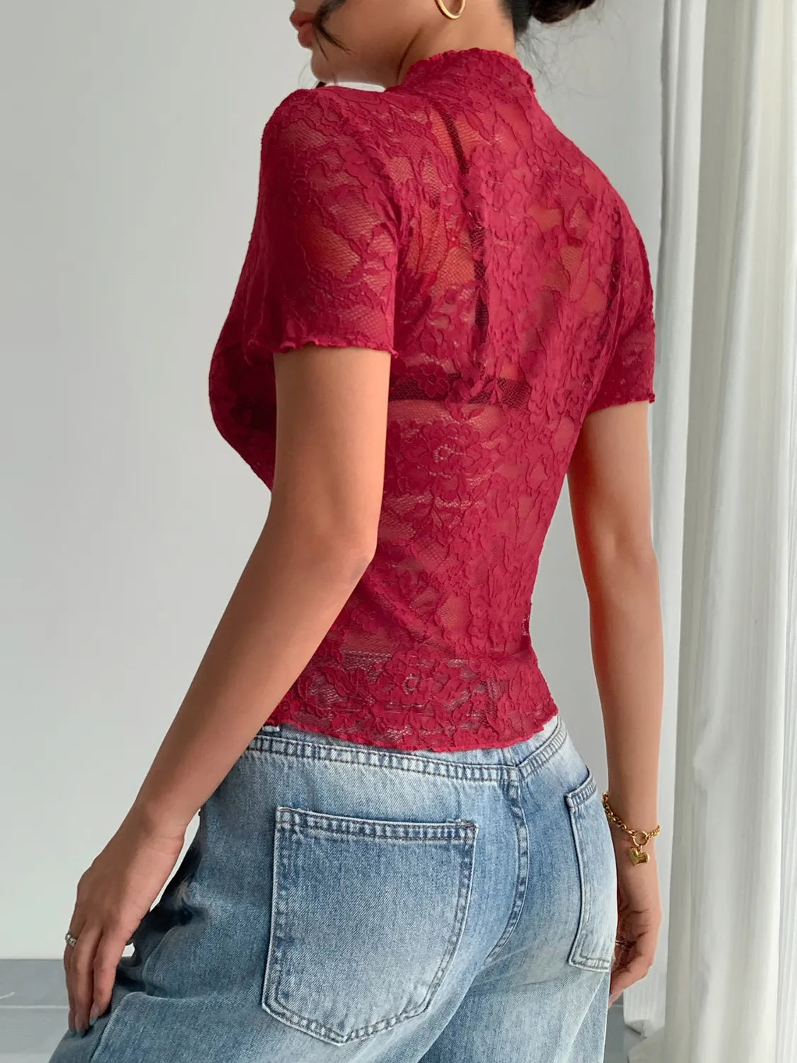 Lace Mock Neck Short Sleeve Top OutfitFlow