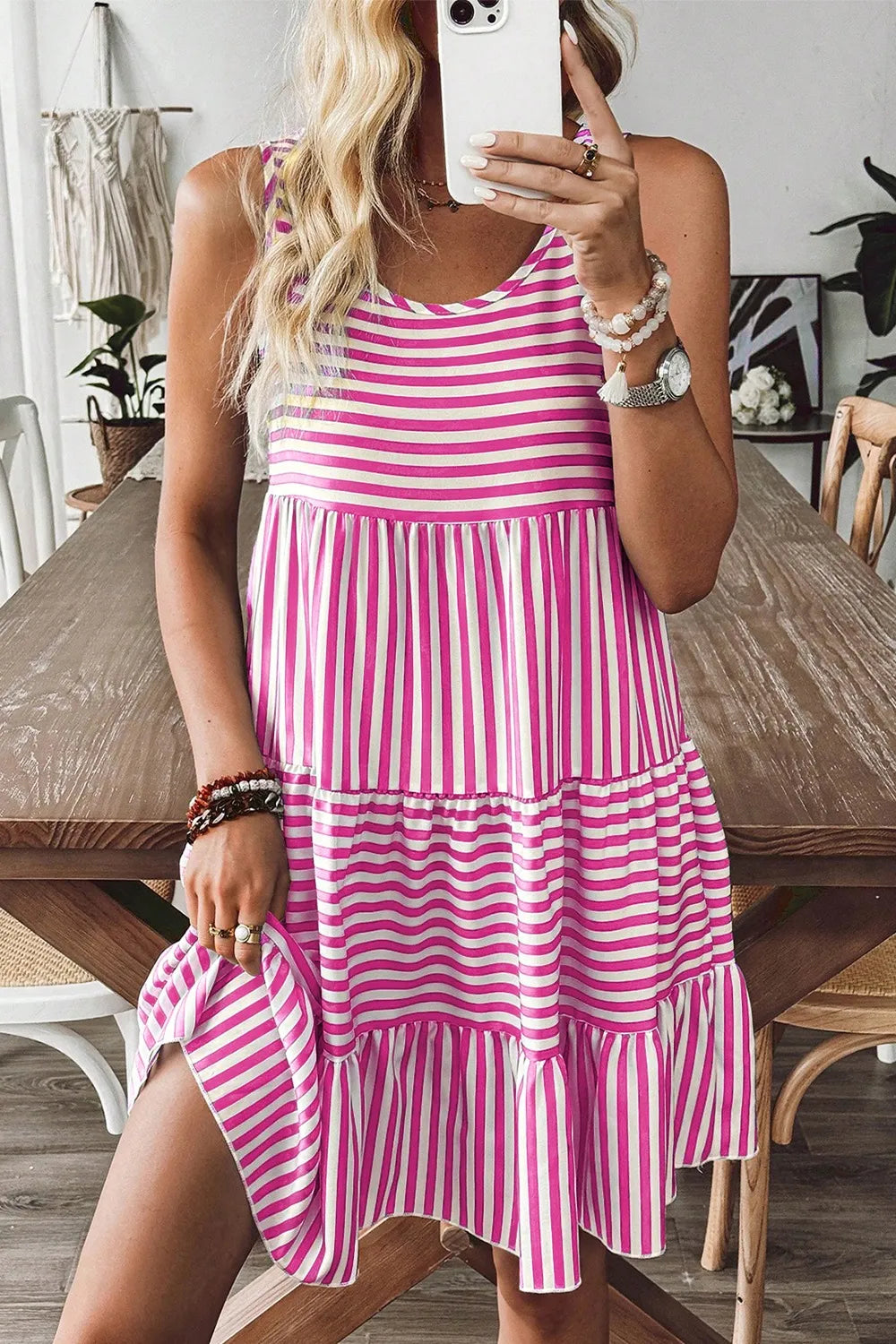 Stripe U Neck Sleeveless Loose Fit Mini Dress OutfitFlow