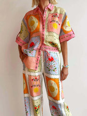 Printed Button Up Shirt and Pants Set Multicolor OutfitFlow