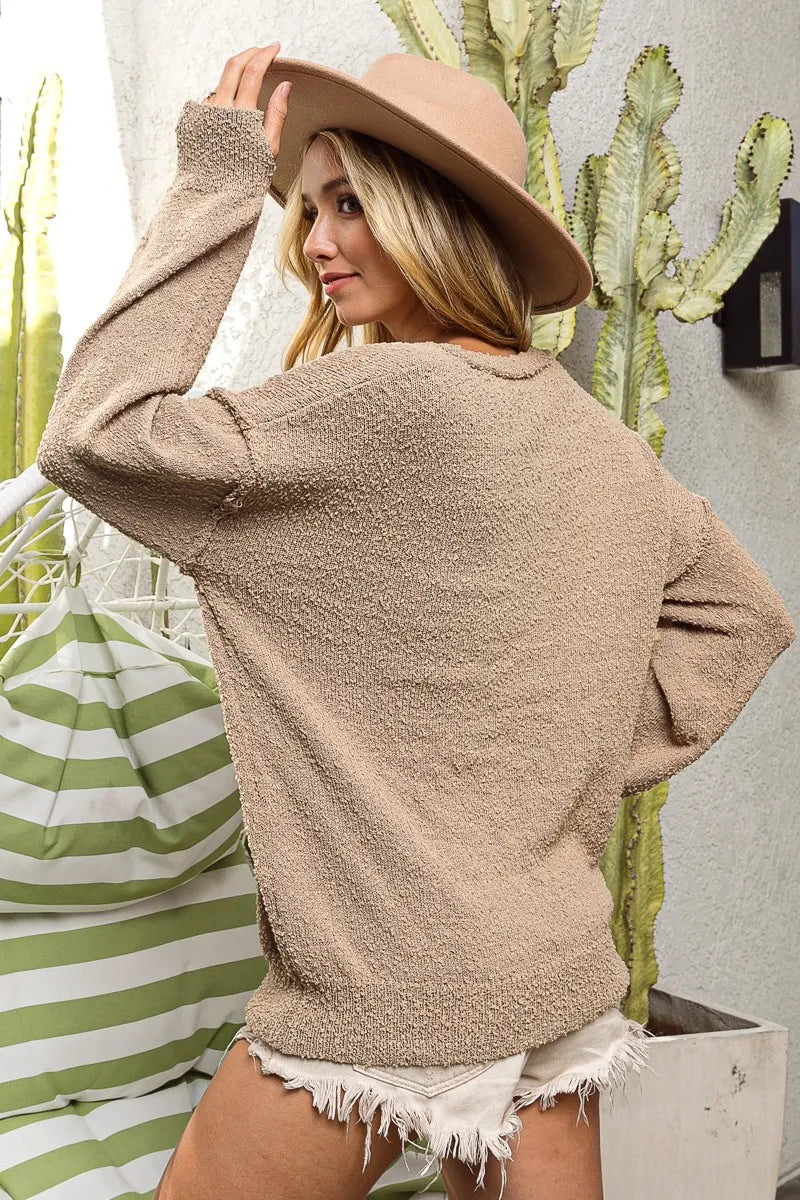 BiBi Raw Edged Popcorn Texture V-neck Sweater OutfitFlow