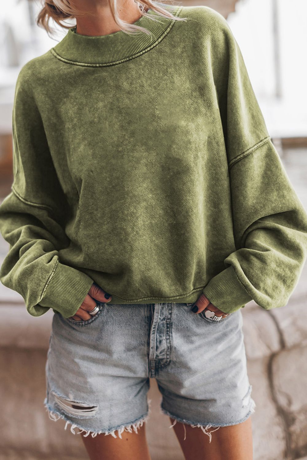 Mock Neck Dropped Shoulder Sweatshirt Moss OutfitFlow