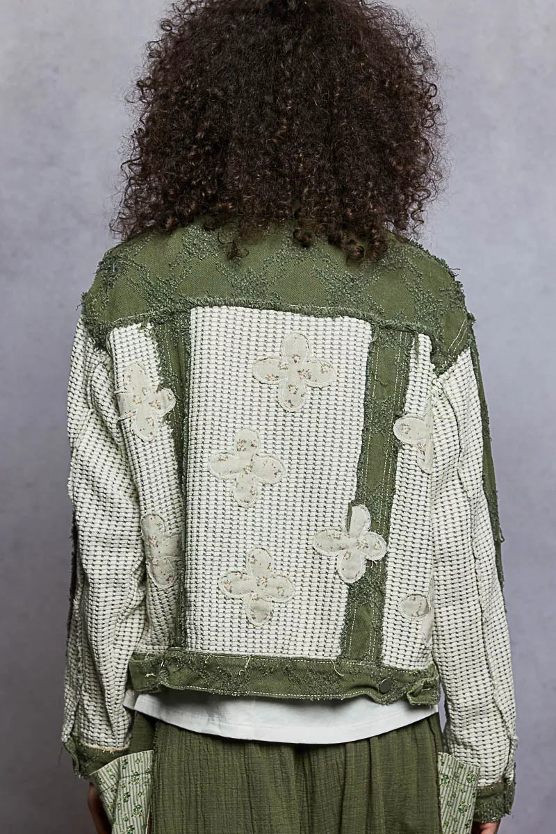 POL Button Down Raw Hem Jacket with Floral Patch OutfitFlow