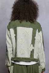 POL Button Down Raw Hem Jacket with Floral Patch OutfitFlow