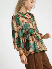 Umgee Mix Floral Peplum Blouse with Tie Neck OutfitFlow