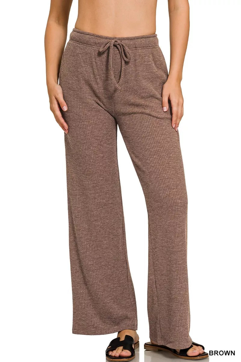 Zenana Ribbed Drawstring Lounge Pants BROWN OutfitFlow