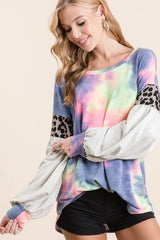 BiBi Tie Dye Terry Top with Contrast Puff Sleeves OutfitFlow