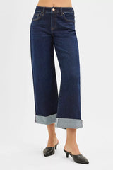 RISEN Mid Rise Fit Ankle Wide Roll Up Jeans OutfitFlow