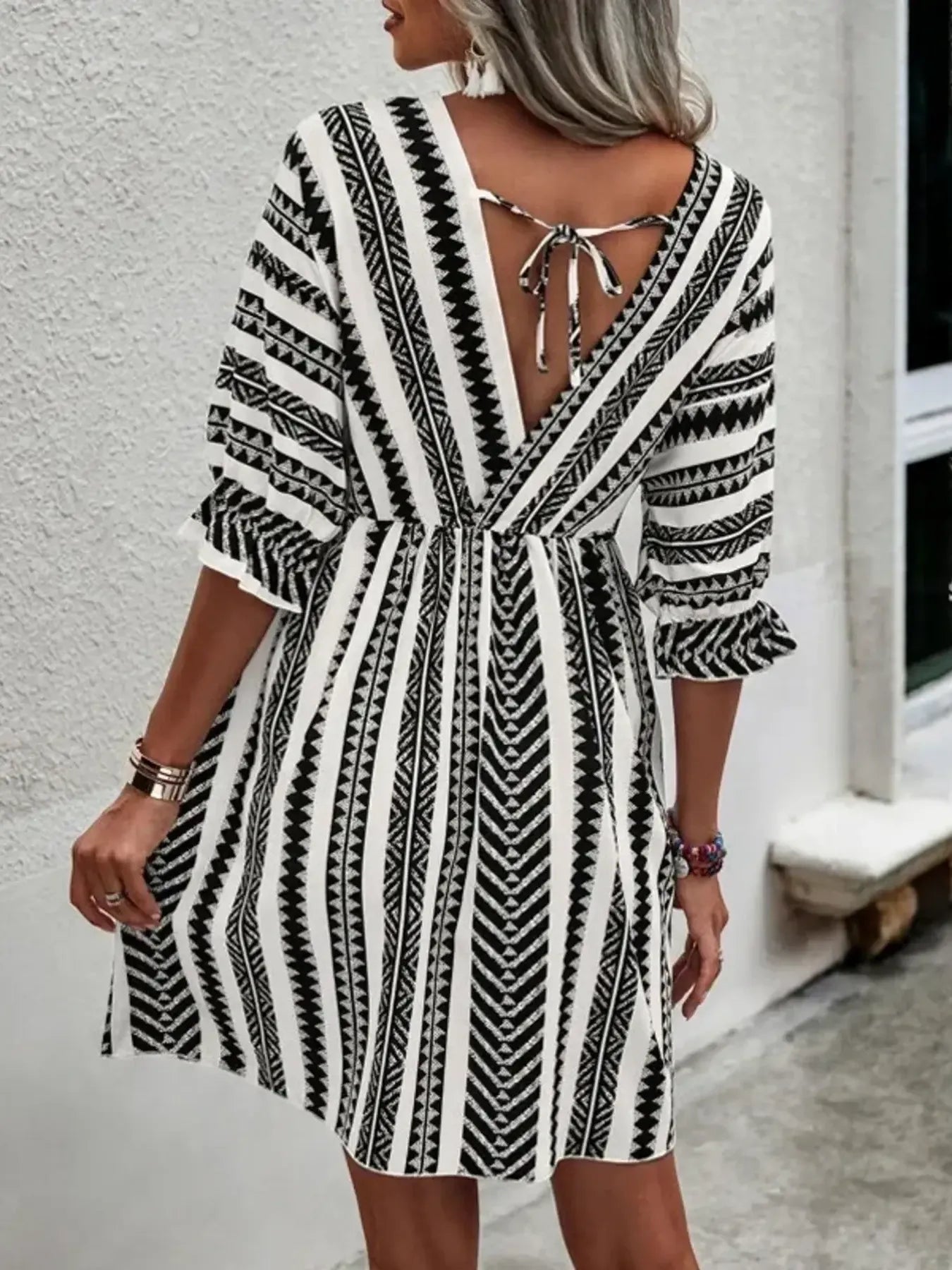 Geometric Print V-Neck Mini Dress OutfitFlow