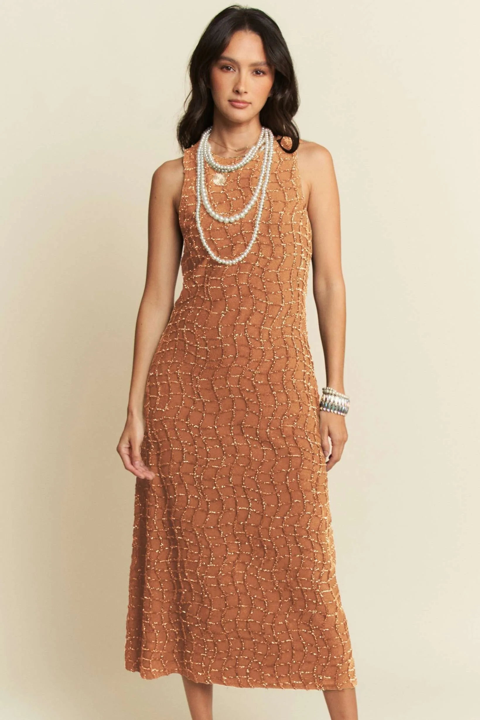 Davi & Dani Golden Textured Zippered Midi Dress OutfitFlow