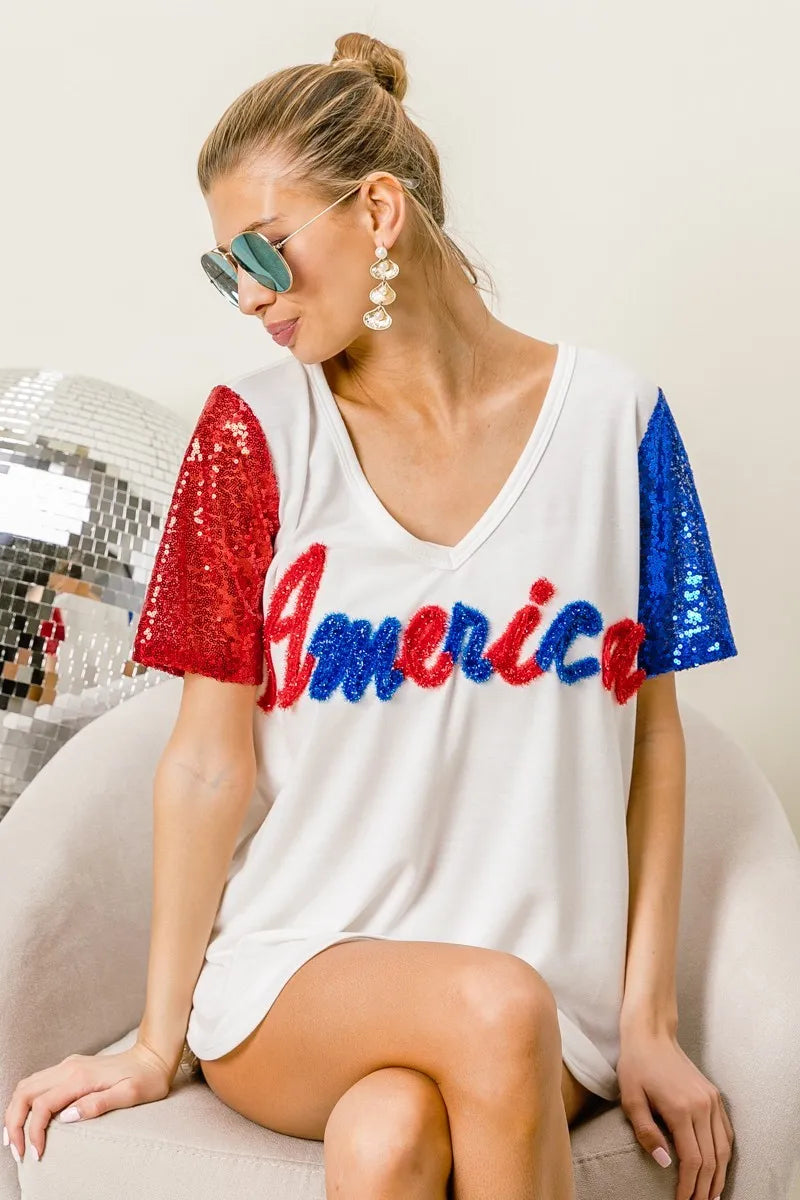 BiBi Metallic Letter V-neck Sequin Sleeves Top OutfitFlow