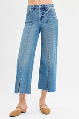RISEN Tummy Control Mid Rise Crop Wide Front Slit Jeans MEDIUM OutfitFlow