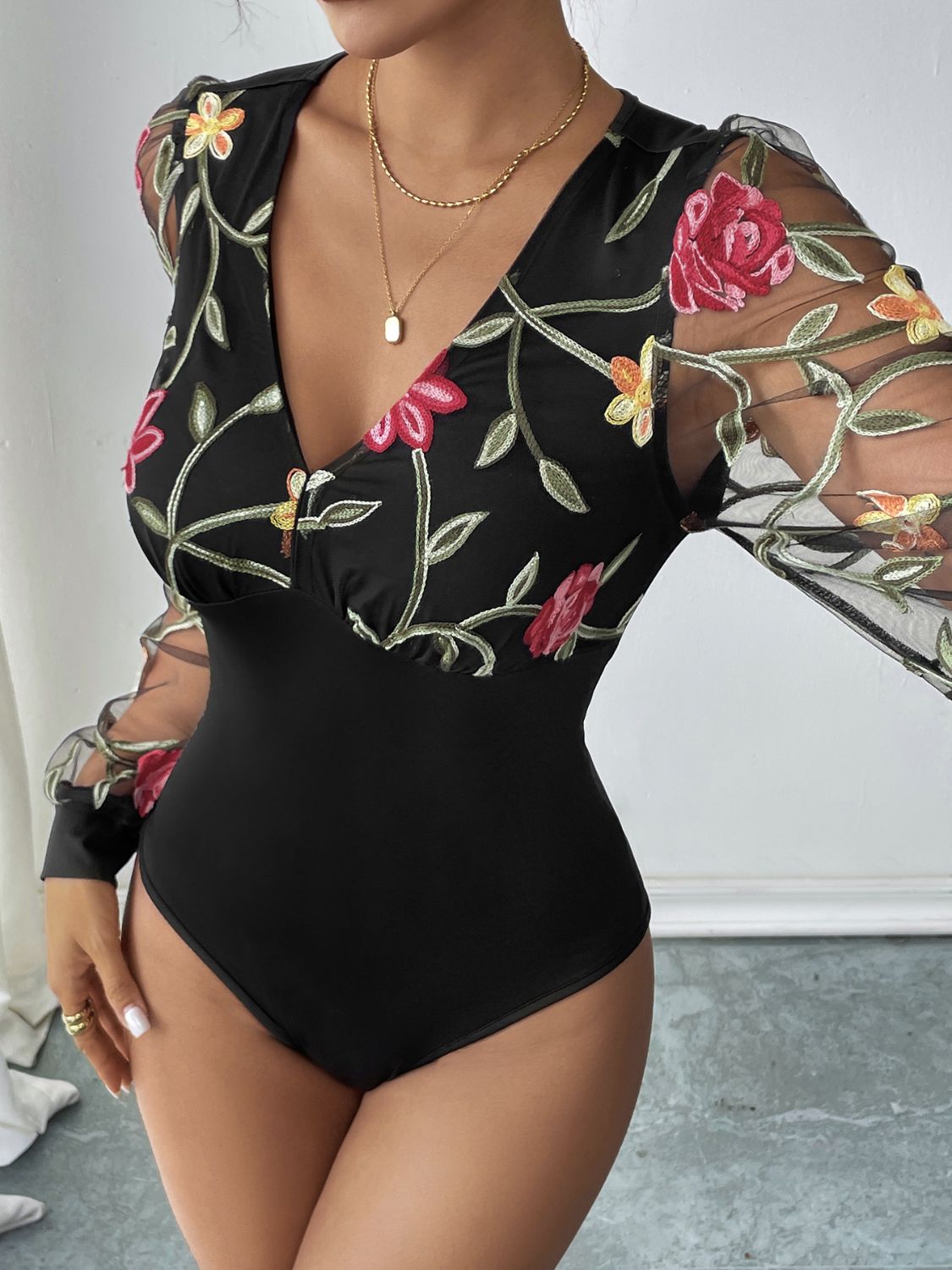 Outfit Flow - Perfee Embroidered V-Neck Long Sleeve Bodysuit