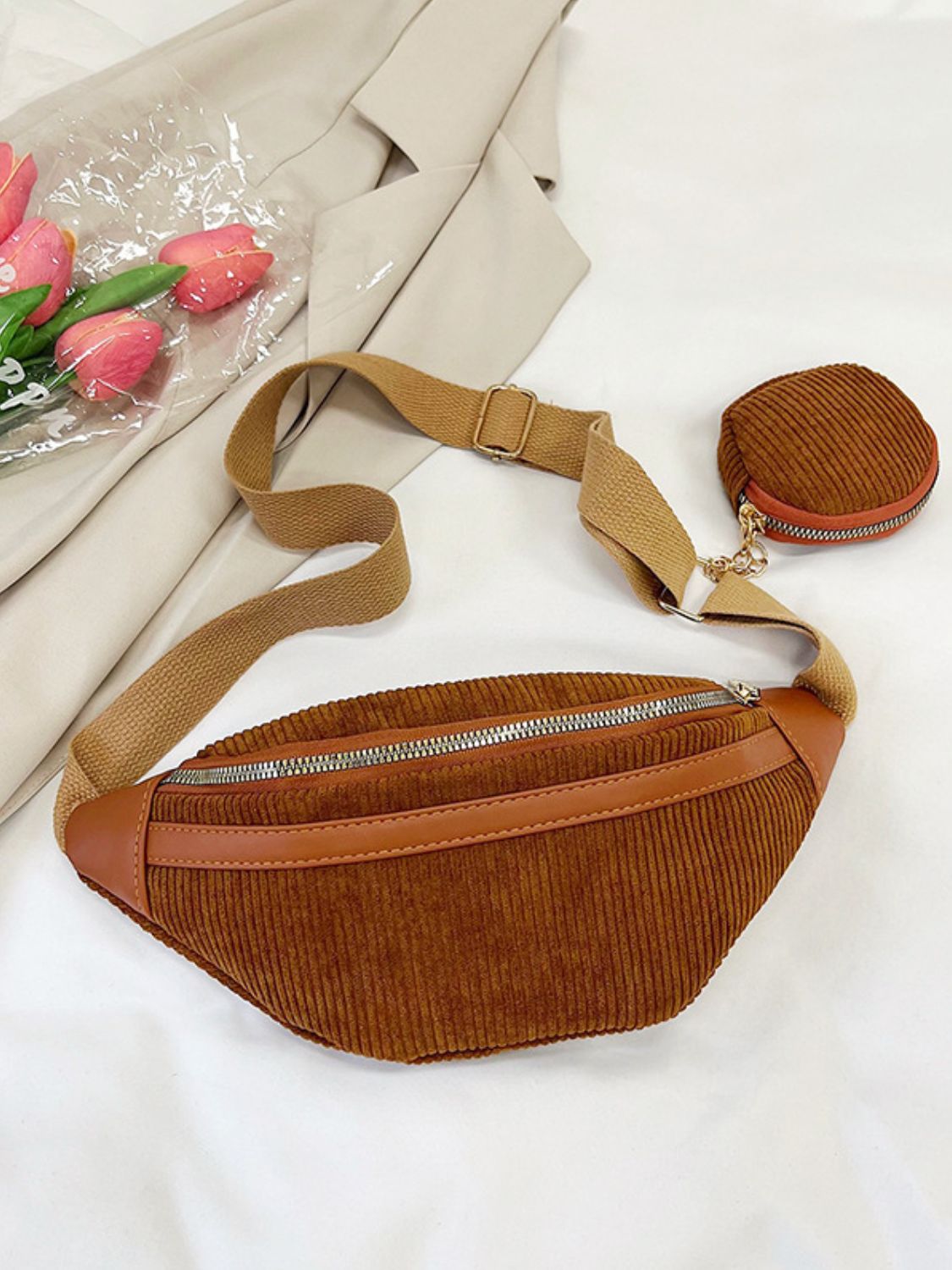 Outfit Flow - Corduroy Adjustable Strap Crossbody Bag with Pouch