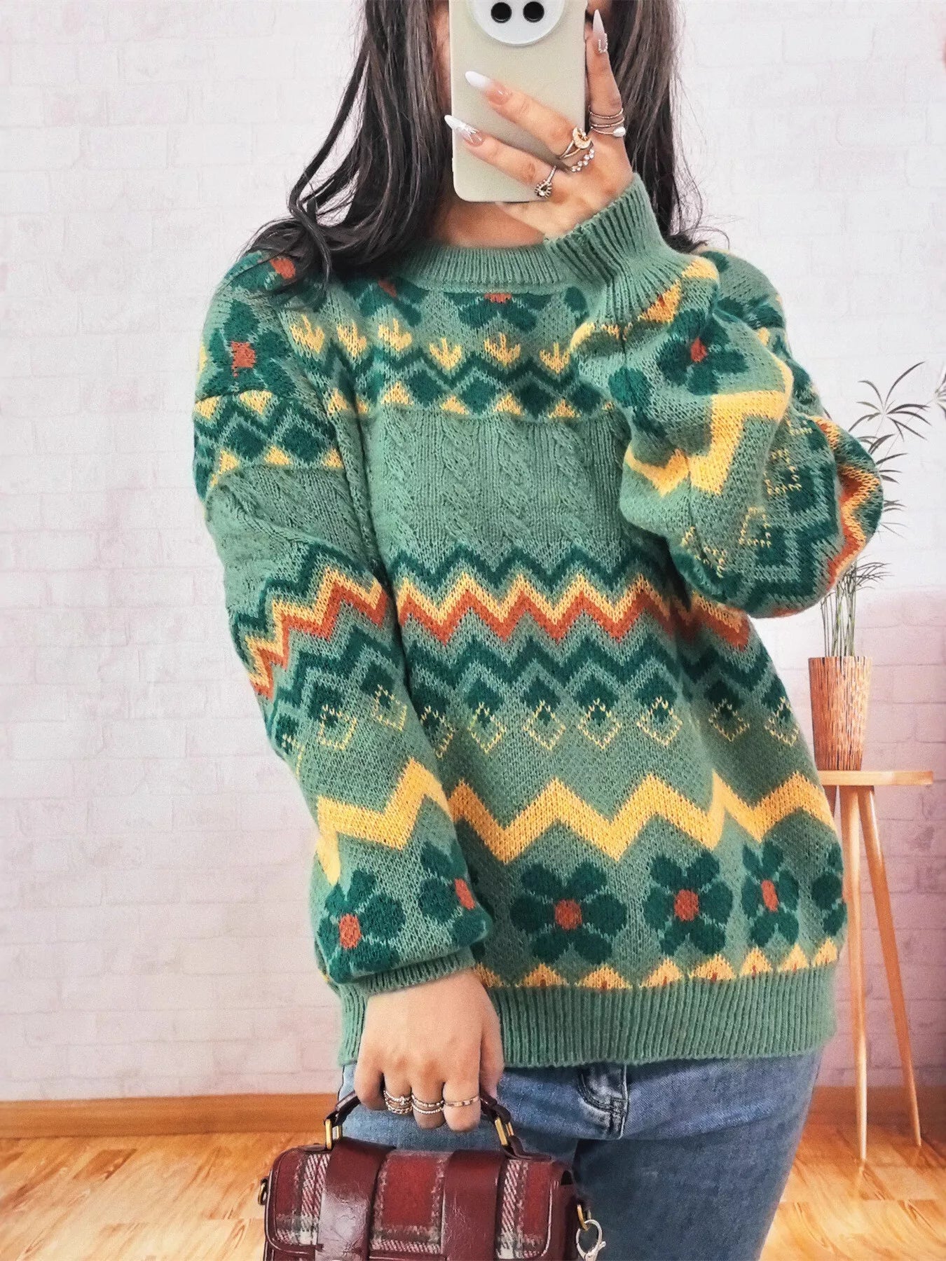 Geometric Round Neck Long Sleeve Sweater OutfitFlow