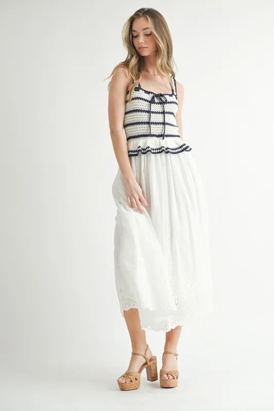 MABLE Crochet Stripe Knit Eyelet Mix Midi Dress OutfitFlow