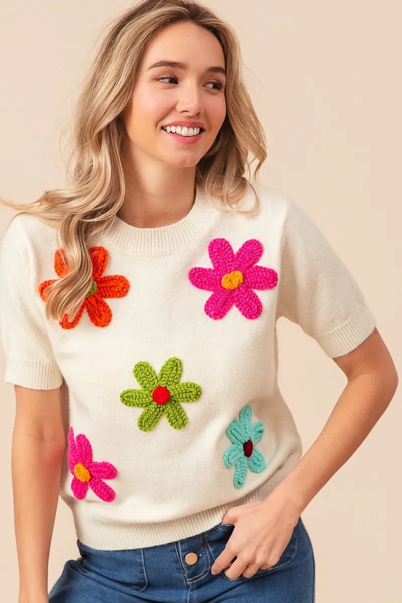 BiBi Crochet Flower Patch Sweater Top OutfitFlow