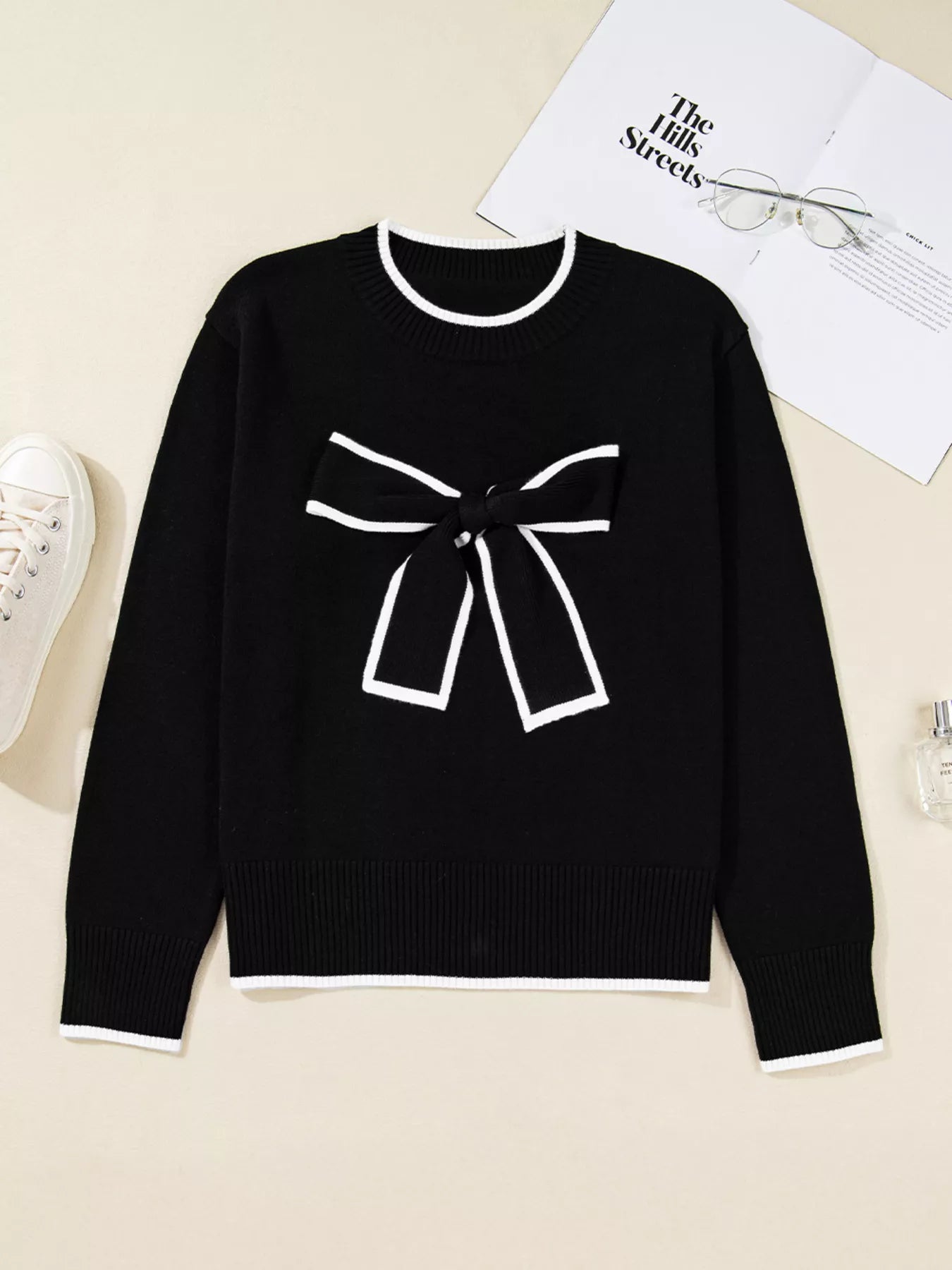 Contrast Trim Bow Accent Holiday Cropped Sweater OutfitFlow
