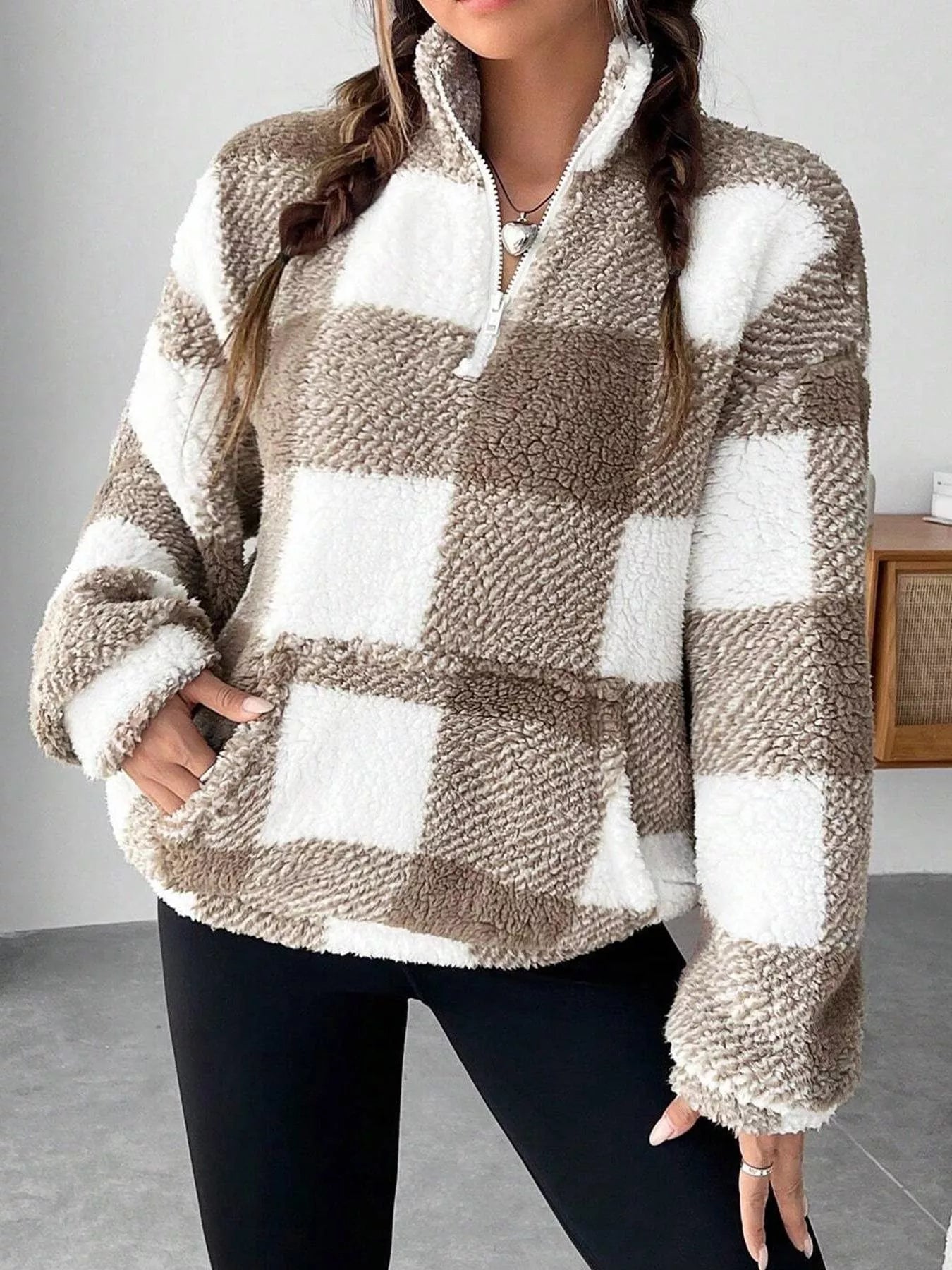 Full Size Plaid Sherpa Long Sleeve Sweatshirt Plus Size OutfitFlow