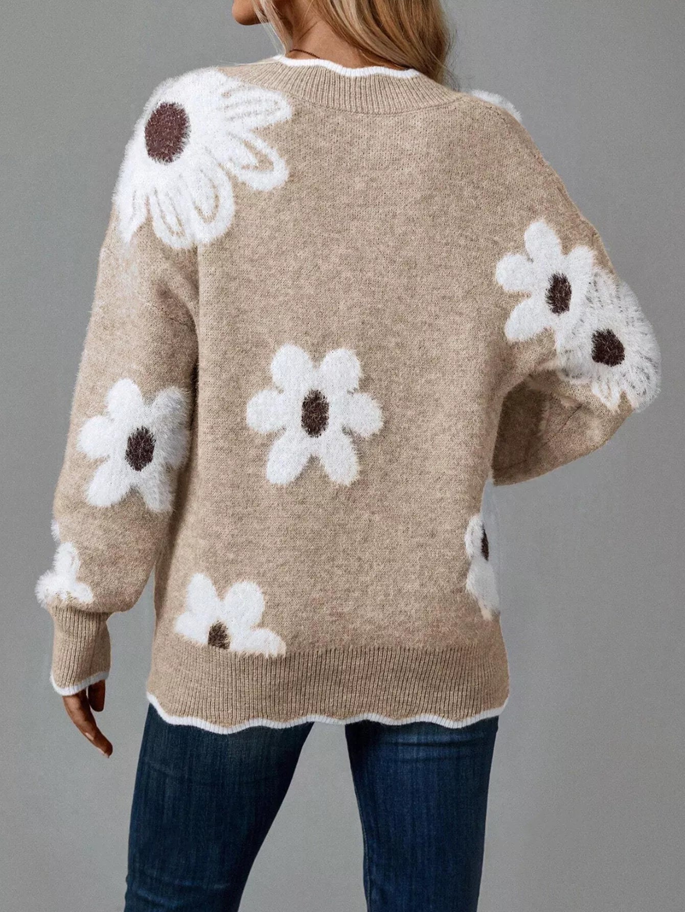 Floral V-Neck Long Sleeve Sweater OutfitFlow