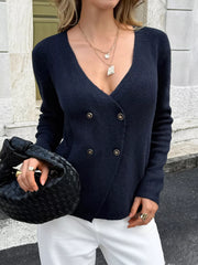 Double-Breasted Knit Cardigan Navy OutfitFlow
