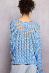 POL Openwork Round Neck Knit Top with Shiny Detail OutfitFlow