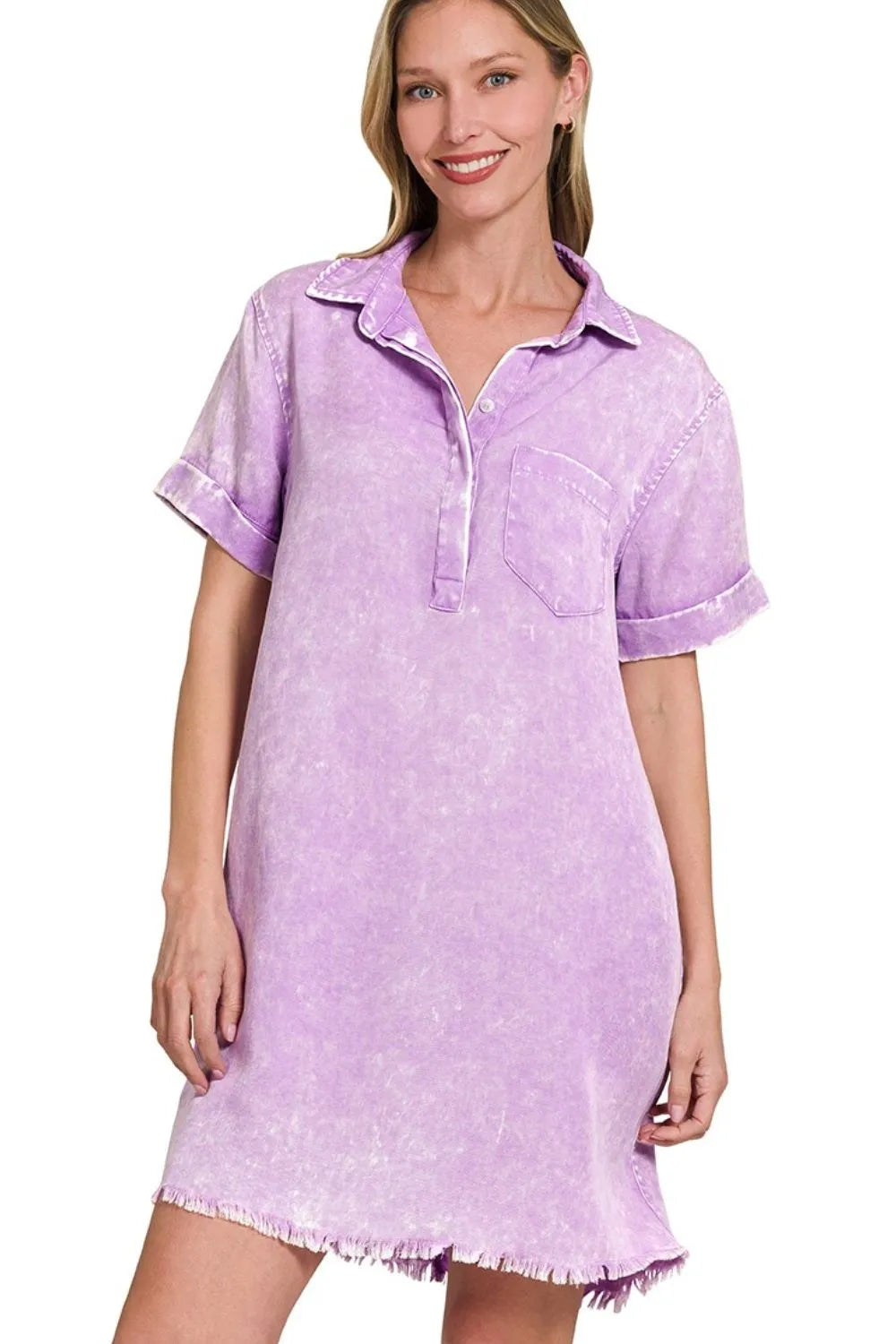 Zenana Tencel Mineral Washed Collared Shirts Dress OutfitFlow