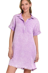 Zenana Tencel Mineral Washed Collared Shirts Dress OutfitFlow