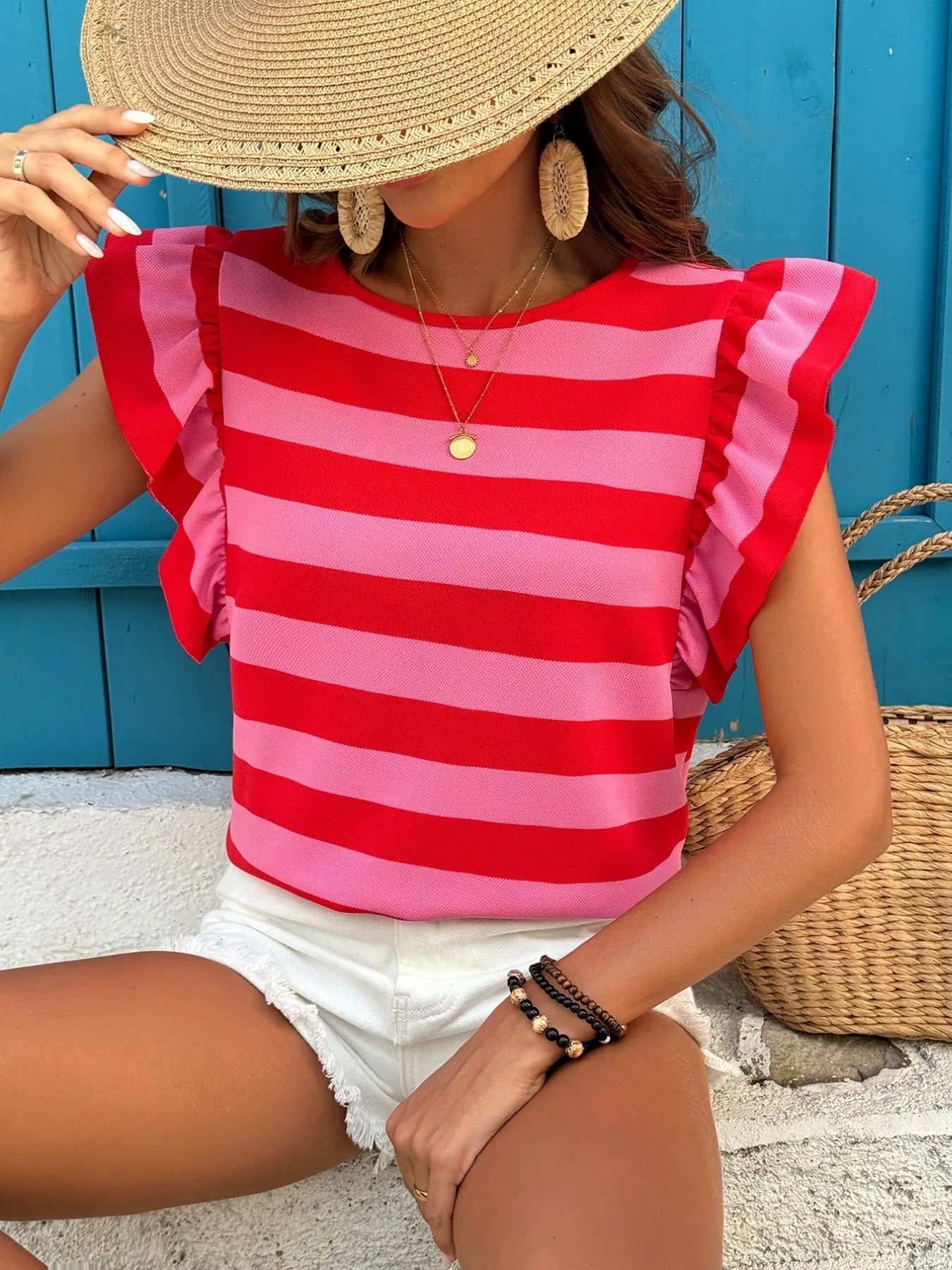 Contrast Striped Ruffle Sleeve T-Shirt Red OutfitFlow