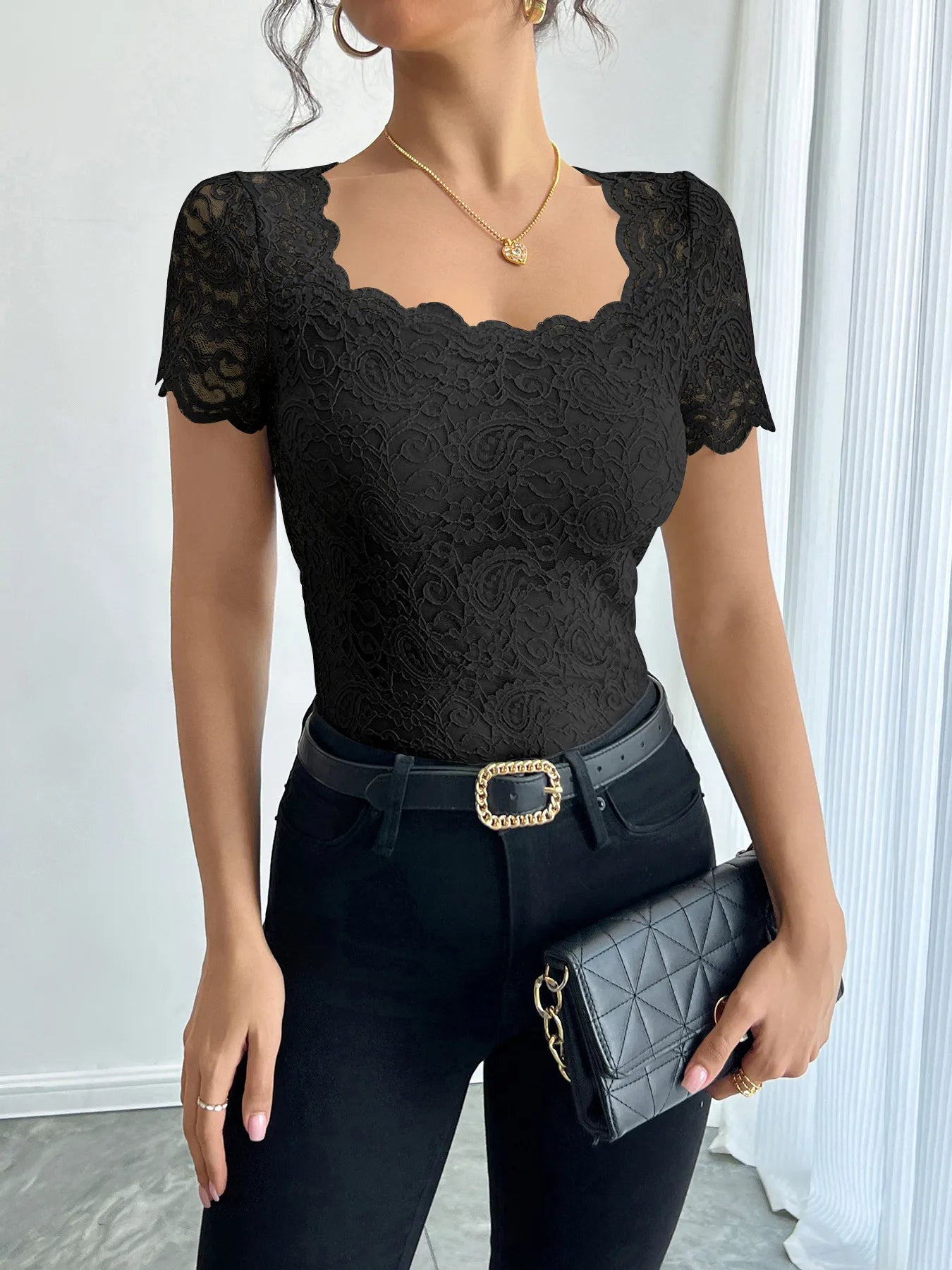 Floral Lace Square Neck T-Shirt Black OutfitFlow