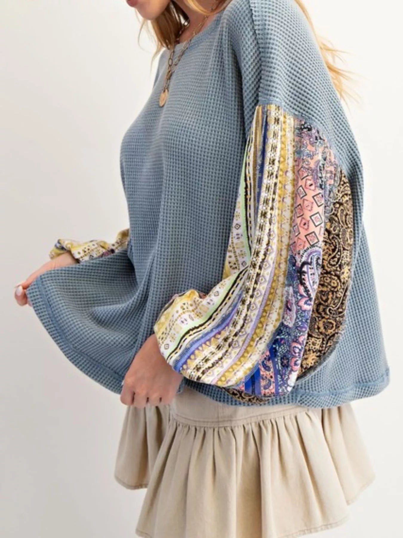 Waffle Knit Round Neck Dropped Shoulder Sweatshirt OutfitFlow