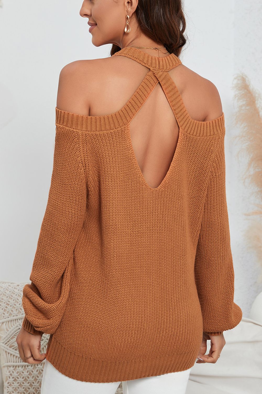 Cutout Back Cold Shoulder Long Sleeve Sweater