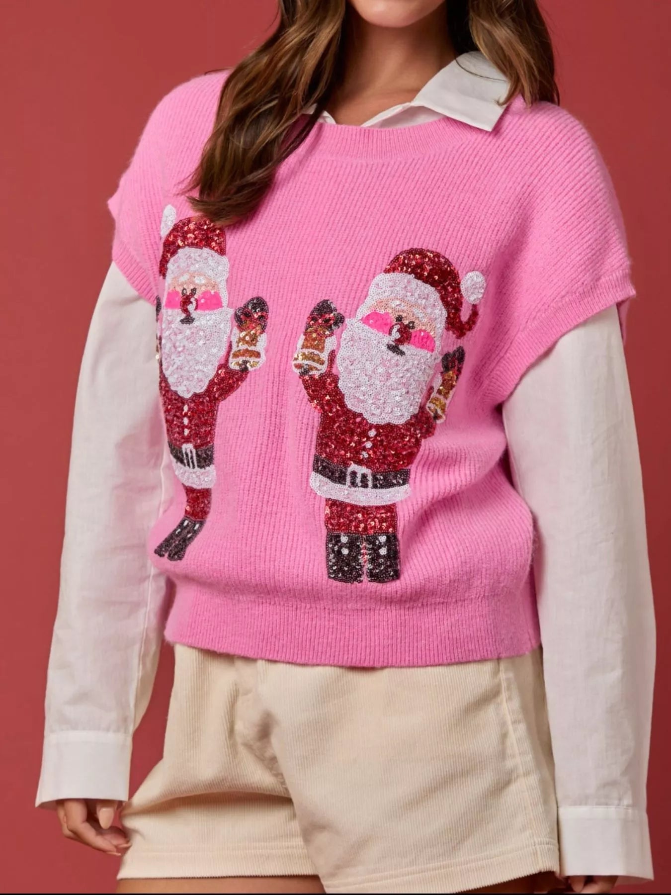 Christmas Sequin Round Neck Sweater Vest OutfitFlow
