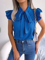 Ruffled Tie Neck Cap Sleeve Blouse OutfitFlow