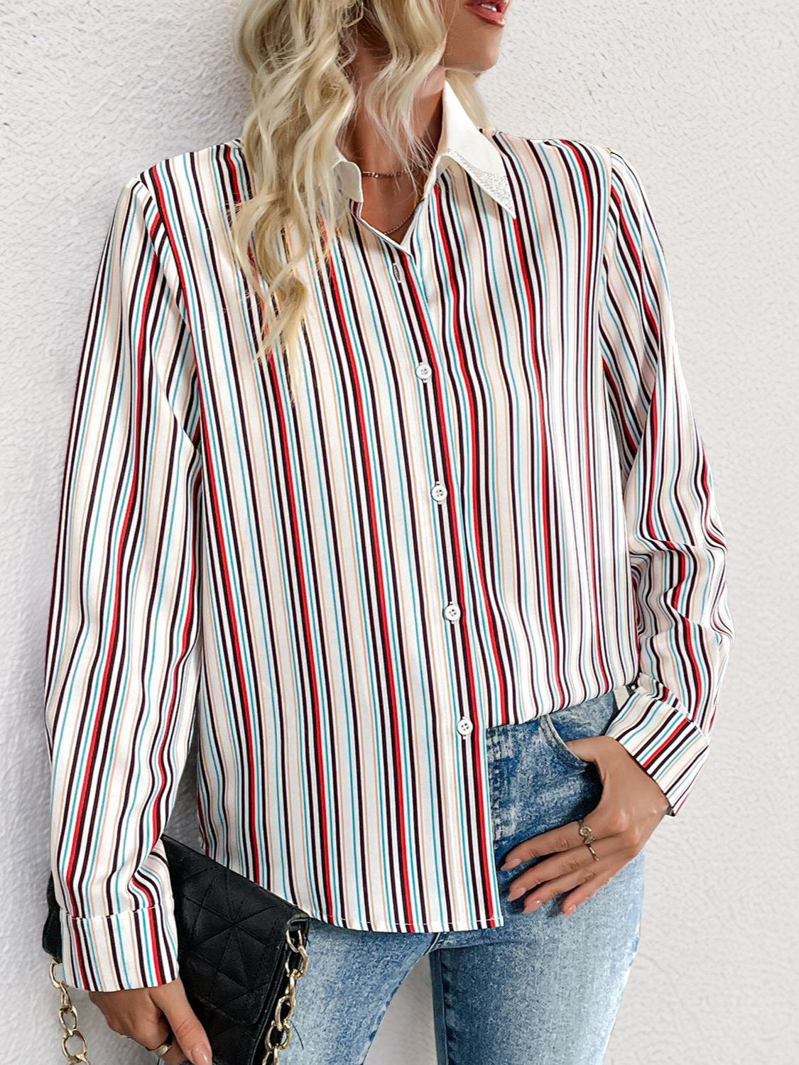 Outfit Flow - Perfee Contrast Striped Collared Neck Long Sleeve Shirt