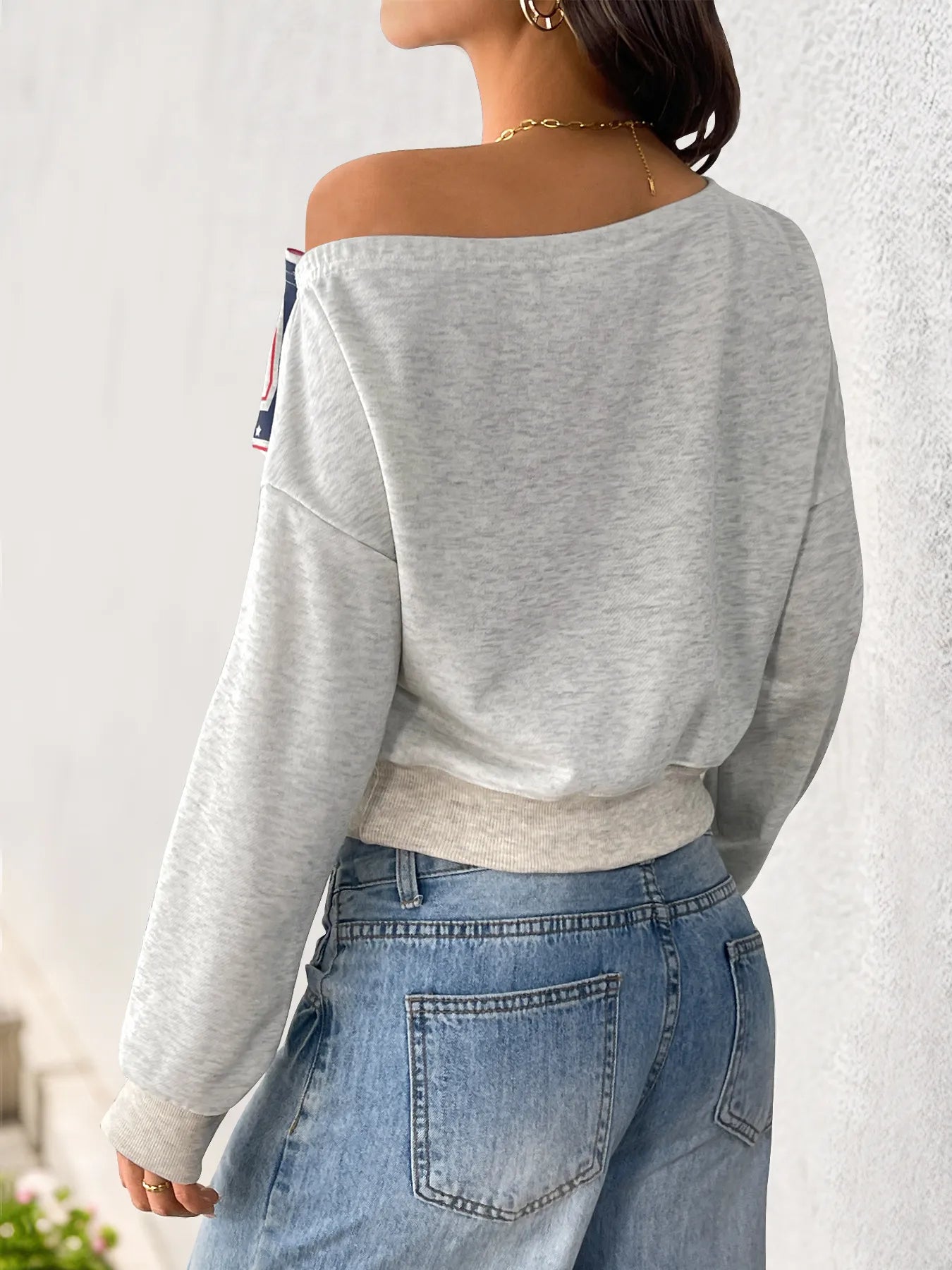 Lucky Stars Single Shoulder Cropped Sweatshirt OutfitFlow