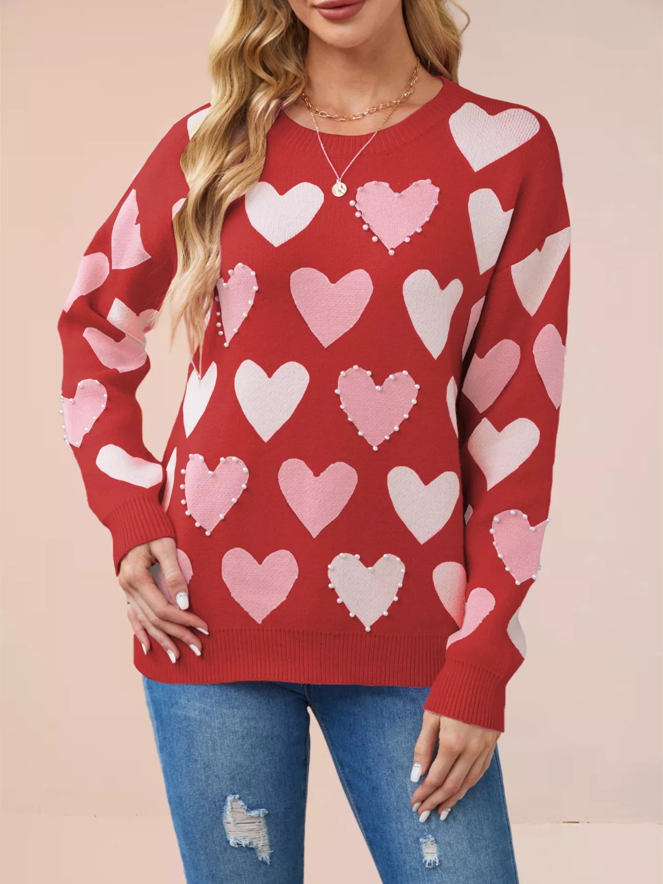 Heart Pattern Beaded Round Neck Sweater OutfitFlow