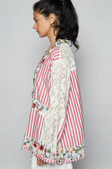 POL Lace Long Sleeve Striped Cardigan with Floral Patchwork Detail OutfitFlow