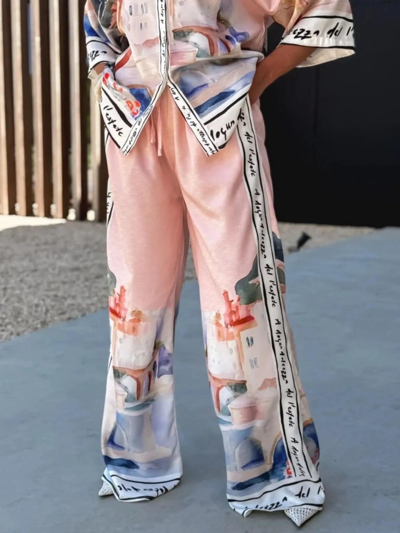 Printed Button Up Top and Pants Set OutfitFlow