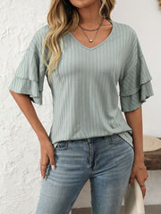 Mandy V-Neck Ruffle Half Sleeve Top OutfitFlow