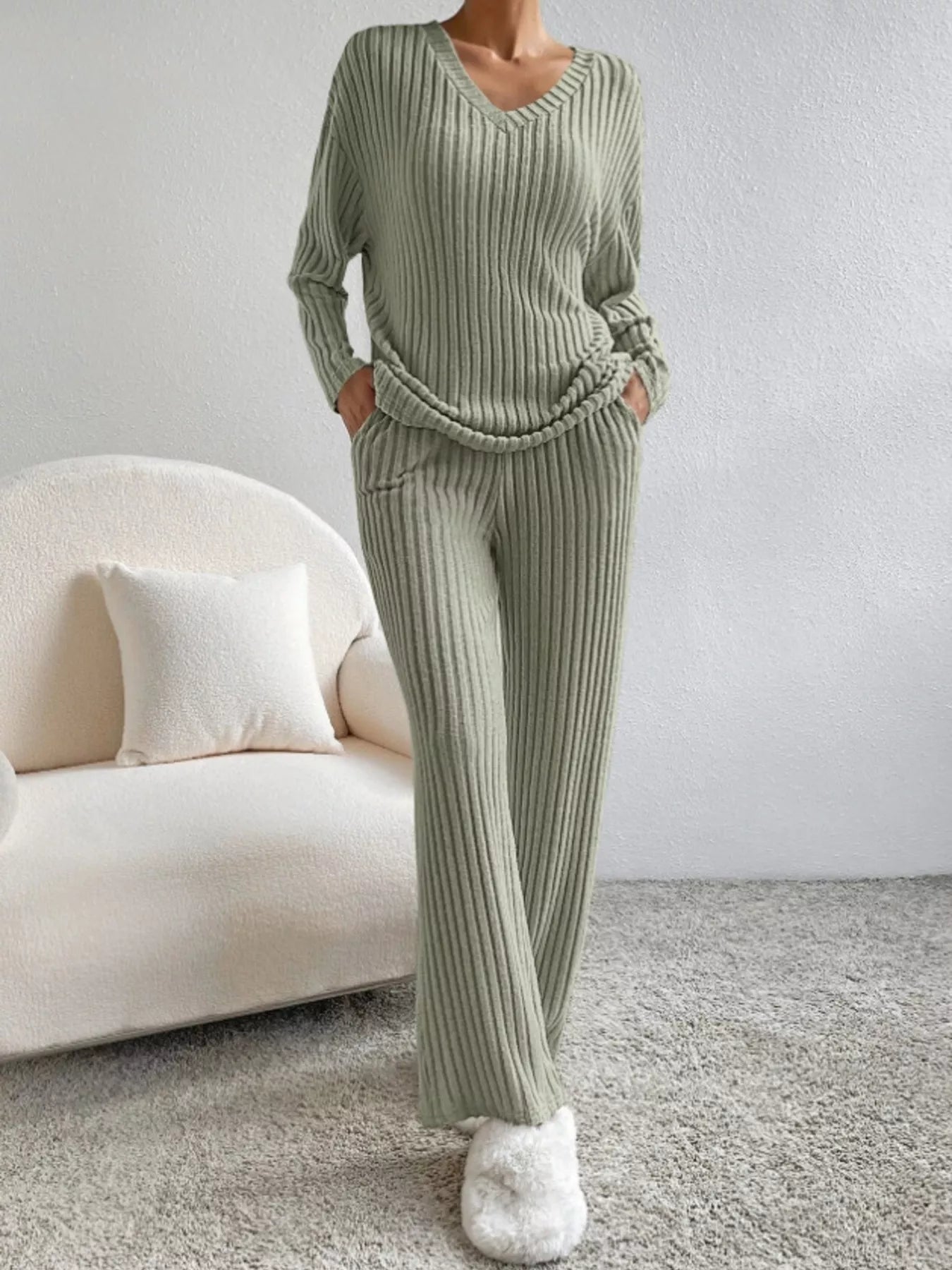 Ribbed Knit Long Sleeve Top and Pants Set OutfitFlow