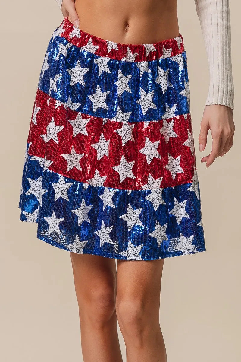 BiBi American Flag Theme Star Sequin Tiered Skirt OutfitFlow
