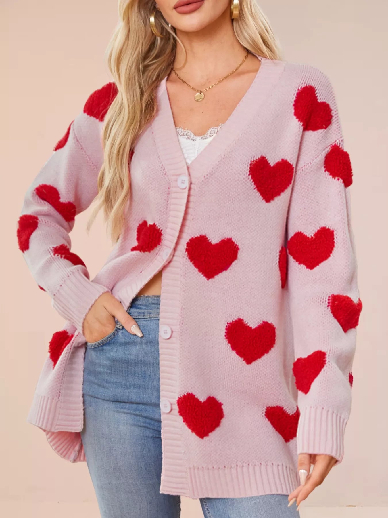 Heart Pattern Knit Button-Up Cardigan OutfitFlow