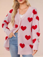 Heart Pattern Knit Button-Up Cardigan OutfitFlow