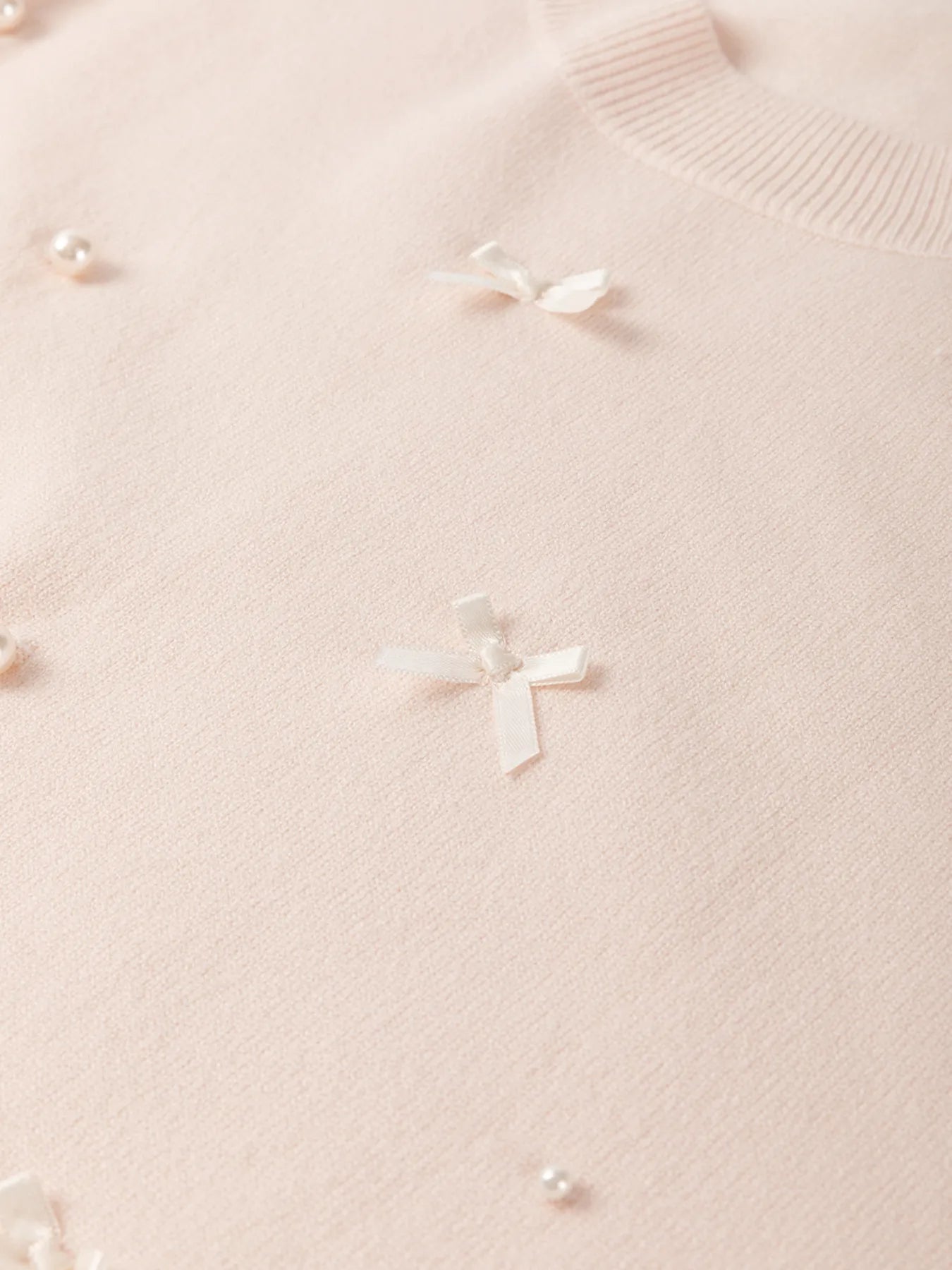 Pearl Embellished Bow Detail Short Sleeve Sweater OutfitFlow