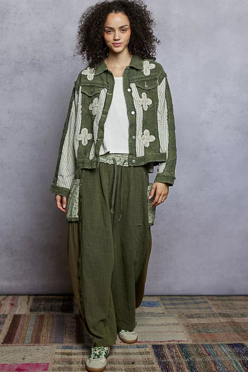 POL Button Down Raw Hem Jacket with Floral Patch OutfitFlow
