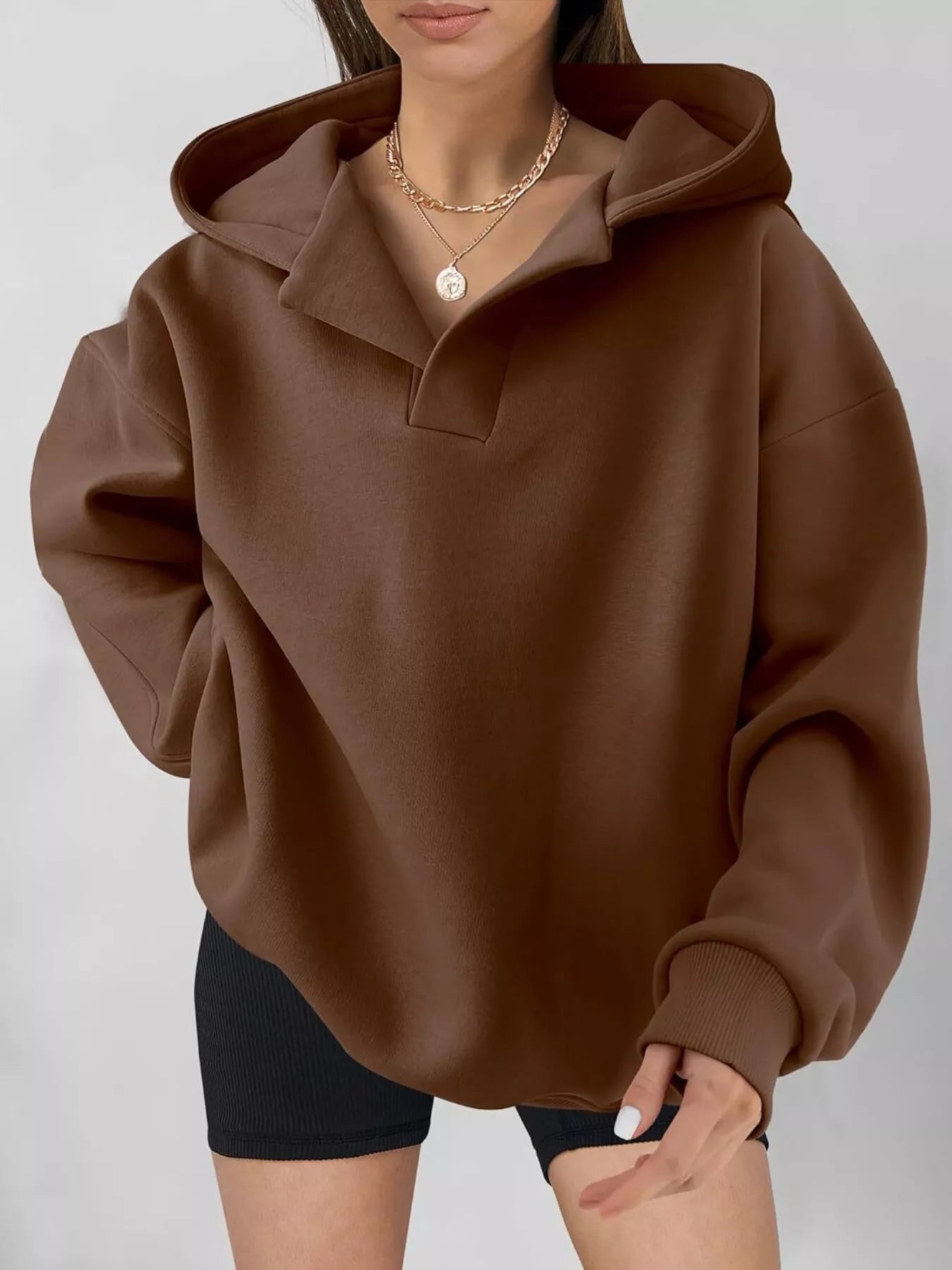 Dropped Shoulder Long Sleeve Sweatshirt Dark Brown OutfitFlow